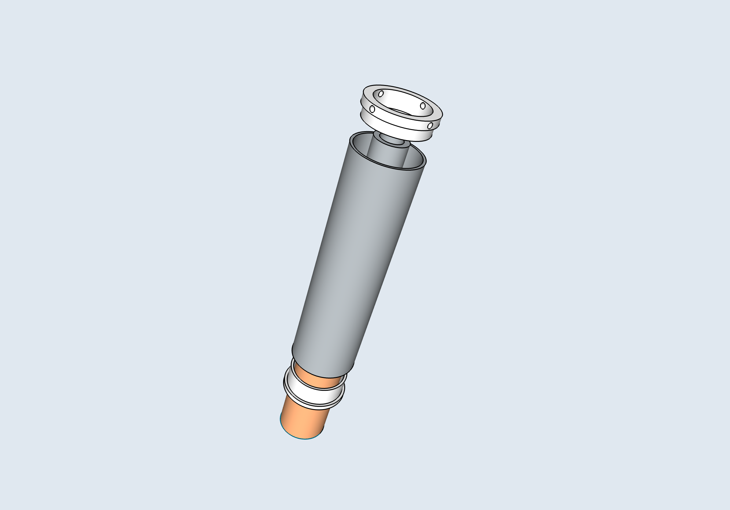 The capacitor design, using interlocking metal tubes. The copper loop is in the centre, while an outer and inner tube slide horizontally to change the value of the capacitor and tune the loop. 3D printed spacers stop the tubes from making contact.