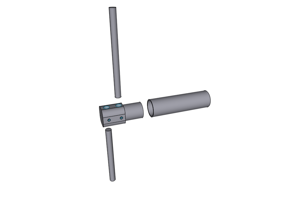 An exploded image of the vertical dipole antenna, displaying the 3D printed mount, two antenna elements and mounting pipe